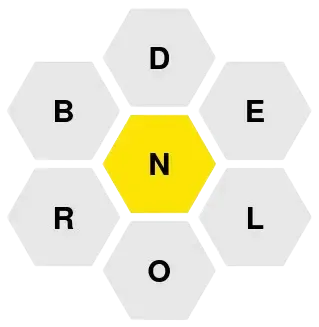 Screenshot des Wortspiels Hive (Spelling Bee) mit einem sechseckigen Raster aus 7 Buchstaben. Ziel ist es, Wörter unter Verwendung des mittleren Buchstabens zu bilden.